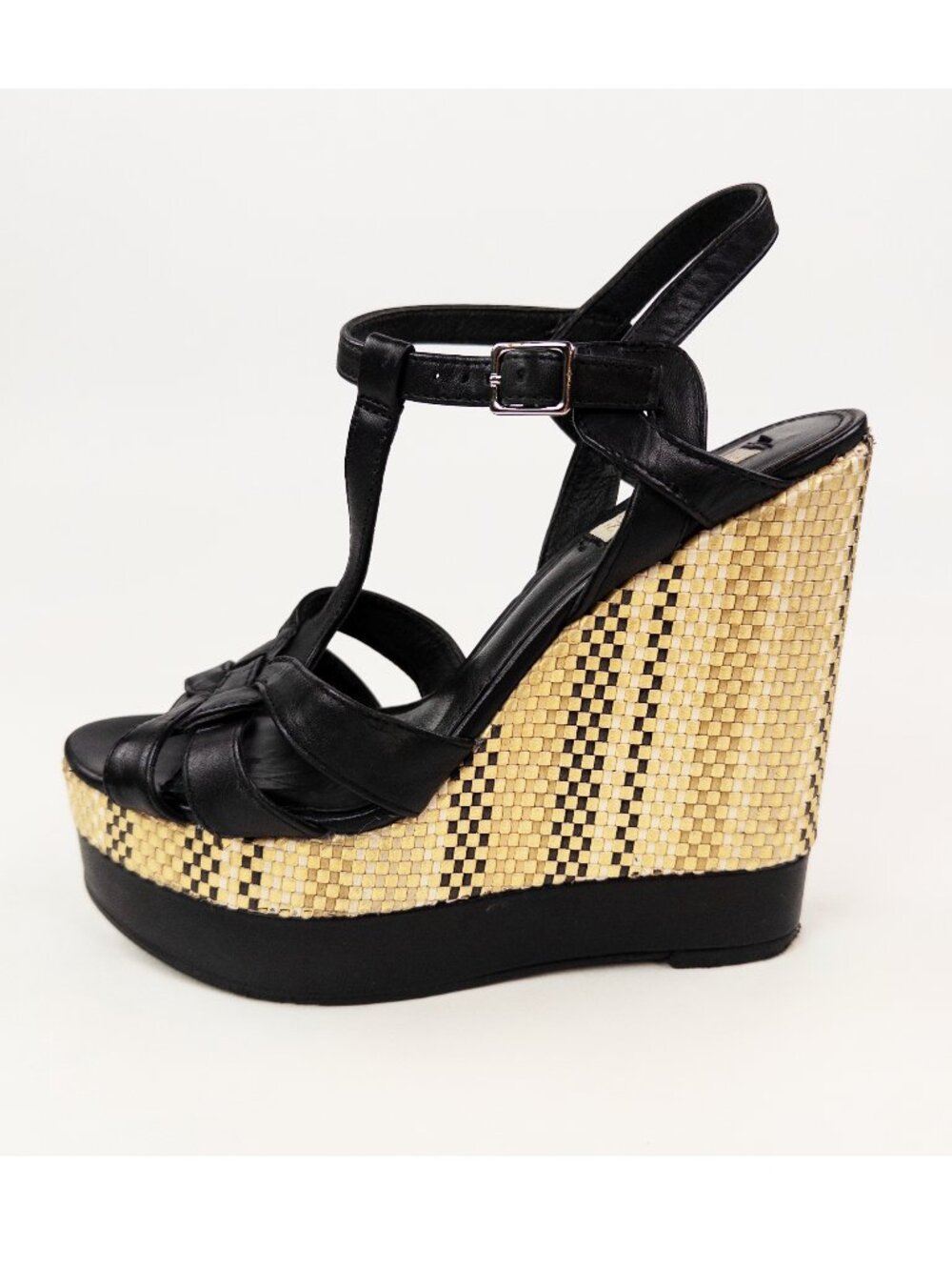 Lauren Ralph Lauren Black Leather Tweed Wedge Platform Sandals Sz 8.5 - Picture 3 of 8